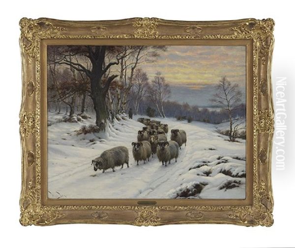 Winter Twilight Landscape With Shepherd And Flock On A Snow-covered Path - view 1