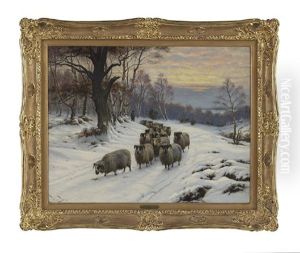 Winter Twilight Landscape With Shepherd And Flock On A Snow-covered Path by Wright Barker