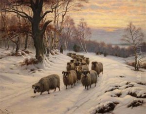 Shepherd And Flock On A Path In Winter