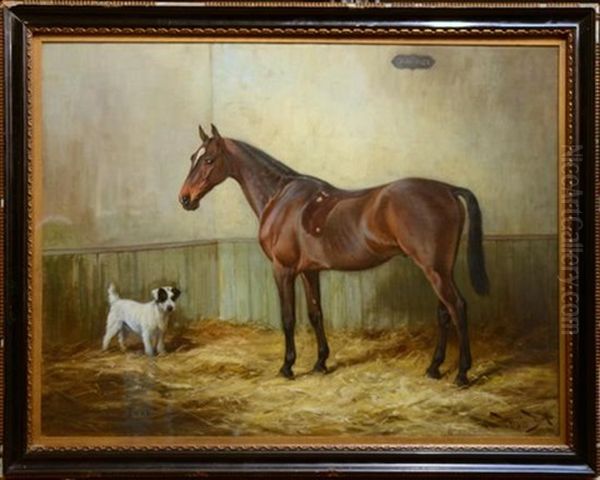 The Horse Warwick And Terrier Turk In A Stable - view 1