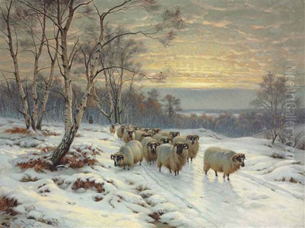 A Shepherd With His Flock In A Winter Landscape - view 1