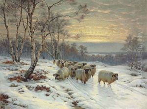 A Shepherd With His Flock In A Winter Landscape by Wright Barker