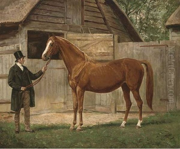 A Gentleman And Chestnut Arab, Outside A Stable - view 1