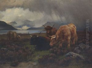 A Rainy Day: Cattle In A Highland Landscape by Wright Barker