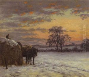 A Winter Landscape With A Horsewagon And Figures By A Haystack by Wright Barker