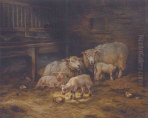 Sheep In A Stable by Wright Barker