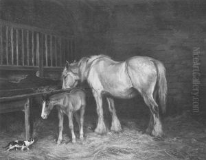 A Mare And Foal In A Stable Interior by Wright Barker
