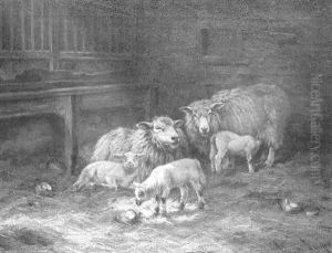 Sheep And Lambs In A Stable by Wright Barker