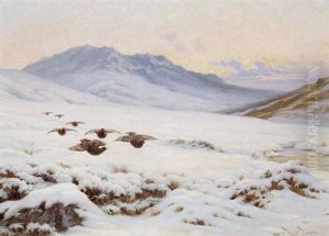 Grouse In Flight In A Winter Landscape by Wright Barker