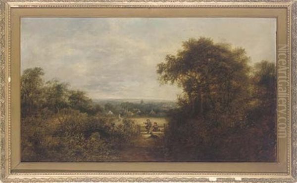 Children Sitting On A Country Stile, A Village Beyond - view 1
