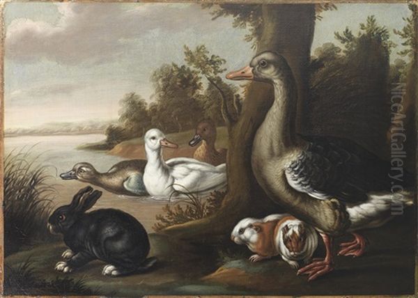 A Grey Goose, Ducks, Guinea Pigs And A Black Rabbit Beside A Pond - view 1