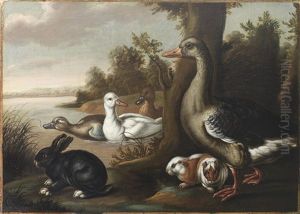A Grey Goose, Ducks, Guinea Pigs And A Black Rabbit Beside A Pond