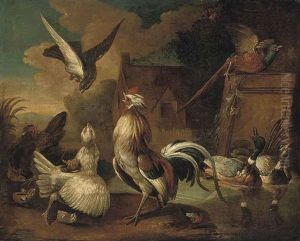 A Village Landscape With A Cockerel Being Attacked By A Hawk Surrounded By Other Birds