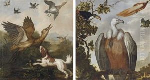 A Spaniel Putting Up A Bittern, Snipe, Duck And Other Birds (+ A Vulture, A Hornbill And Other Birds In A Landscape; Pair) by Francis Barlow