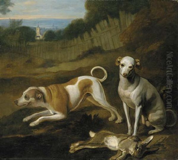 A Couple Of Hounds With A Dead Hare, In A Landscape, With A Church Beyond - view 1