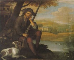 A Sportsman Seated In A River Landscape With His Gun And Dog, Reapers Reaping Beyond Near A Castle