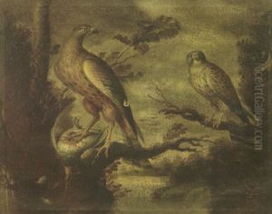 Two Falcons With Their Prey, Perched On Branches by Francis Barlow