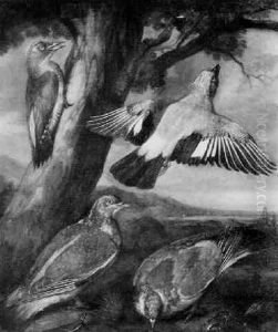 A Concert Of Birds - A Green Woodpecker, A Jay, A Bullfinch by Francis Barlow