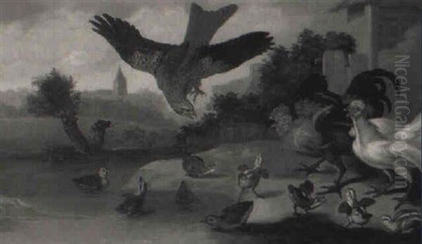 Chicks, Ducklings, A Cockerel And A Hen Frightened By A Hawk In A Yard - view 1