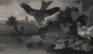 Chicks, Ducklings, A Cockerel And A Hen Frightened By A Hawk In A Yard
