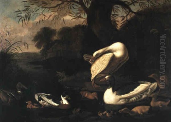 Ducks And Ducklings In A River Landscape - view 1