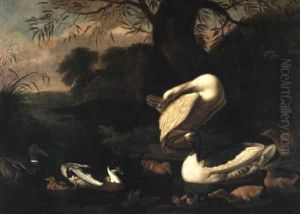 Ducks And Ducklings In A River Landscape