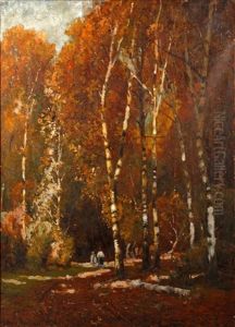 Figures Walking In Autumnal Woodlands