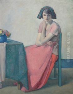 Pensive Young Girl Seated In An Interior by Myron Barlow