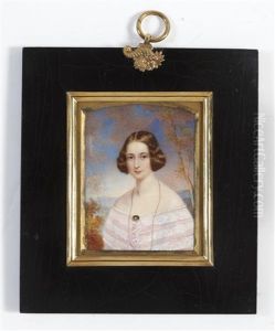 A Lady, Seated In A Landscape, Wearing Decollete Pink Dress With Tiered Collar Of White Lace by Philipp Augustus Barnard
