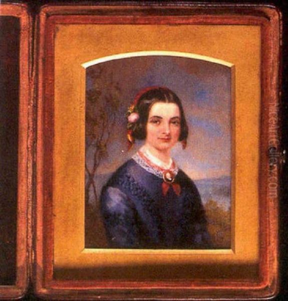 A Lady In Mauve Dress With Lace Collar Decorated With Red Ribbon, A Brooch Portrait Miniature Of A Gentleman At Her Neck - view 1