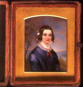A Lady In Mauve Dress With Lace Collar Decorated With Red Ribbon, A Brooch Portrait Miniature Of A Gentleman At Her Neck by Philipp Augustus Barnard
