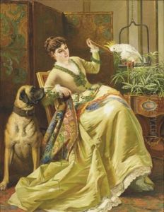 Elegante Avec Son Chien Et Son Perroquet