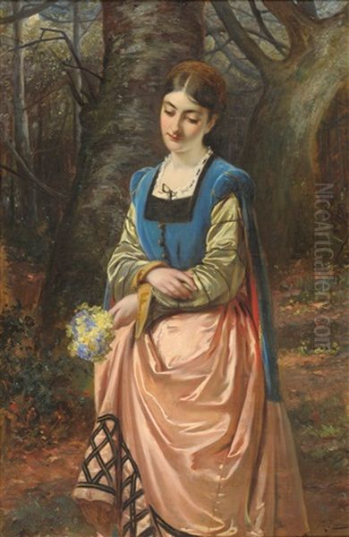 Girl Holding A Posy Of Spring Flowers In Woodland Glade - view 1