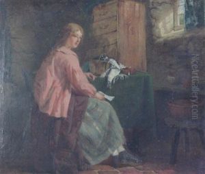 Cottage Interior With Woman Reading A Letter by Edward Charles Barnes