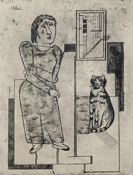 Stehendes Madchen Und Sitzende Katze - view 1