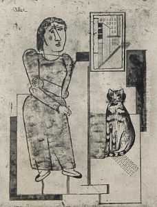 Stehendes Madchen Und Sitzende Katze by Jankel Adler