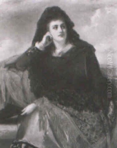 Spanish Woman Draped In Black Shawl Over Brightly Colored Scarf - view 1