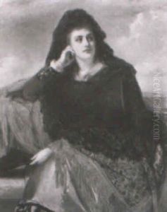 Spanish Woman Draped In Black Shawl Over Brightly Colored Scarf