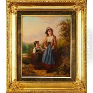 Girls Gathering Wild Flowers At River's Edge by Gertrude Jameson Barnes