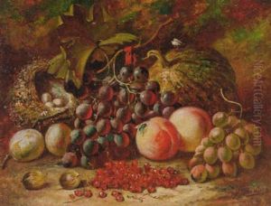 A Melon, Grapes, Peaches, Plums And Gooseberries With Birds Nest On A Mossy Bank by Gertrude Jameson Barnes