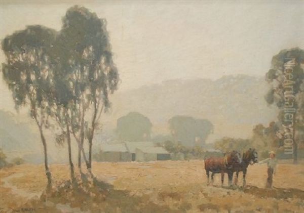 Australian Landscape With Heavy Horses Being Led To Field - view 1