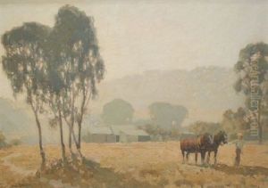 Australian Landscape With Heavy Horses Being Led To Field by Gustav Adrian Barnes