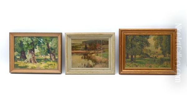 3 F. A. Barney Oils: 2 Woods And 1 Lake Scene - view 1