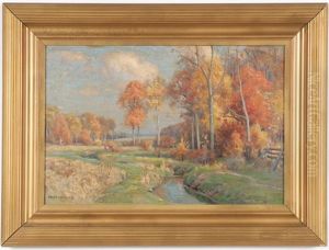Autumn Landscape With Trees And A Small Stream by Frank A. Barney