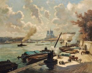 Activites Sur La Seine, Avec Vue Sur Notre Dame by Henri Alphonse Barnoin