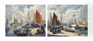 Unloading The Catch, Concarneau; And On The Quay, Concarneau (pair) by Henri Alphonse Barnoin