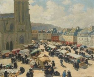 Place Du Marche A Concarneau by Henri Alphonse Barnoin