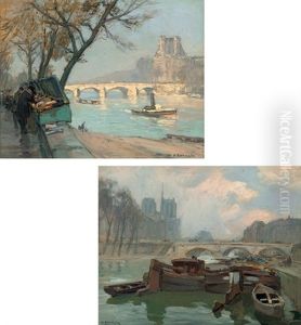 Pont Royal A Paris (+ Pont St. Michel; Pair) by Henri Alphonse Barnoin