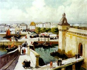 Jour De Marche A Concarneau Devant Les Bassins by Henri Alphonse Barnoin