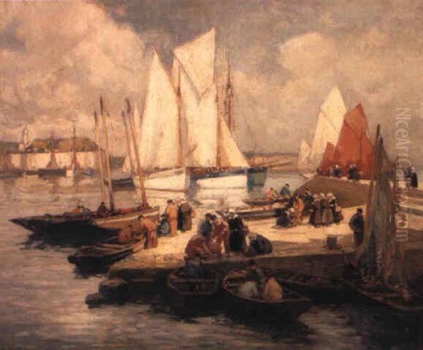 Figures On A Jetty With Sailing Vessels - view 1